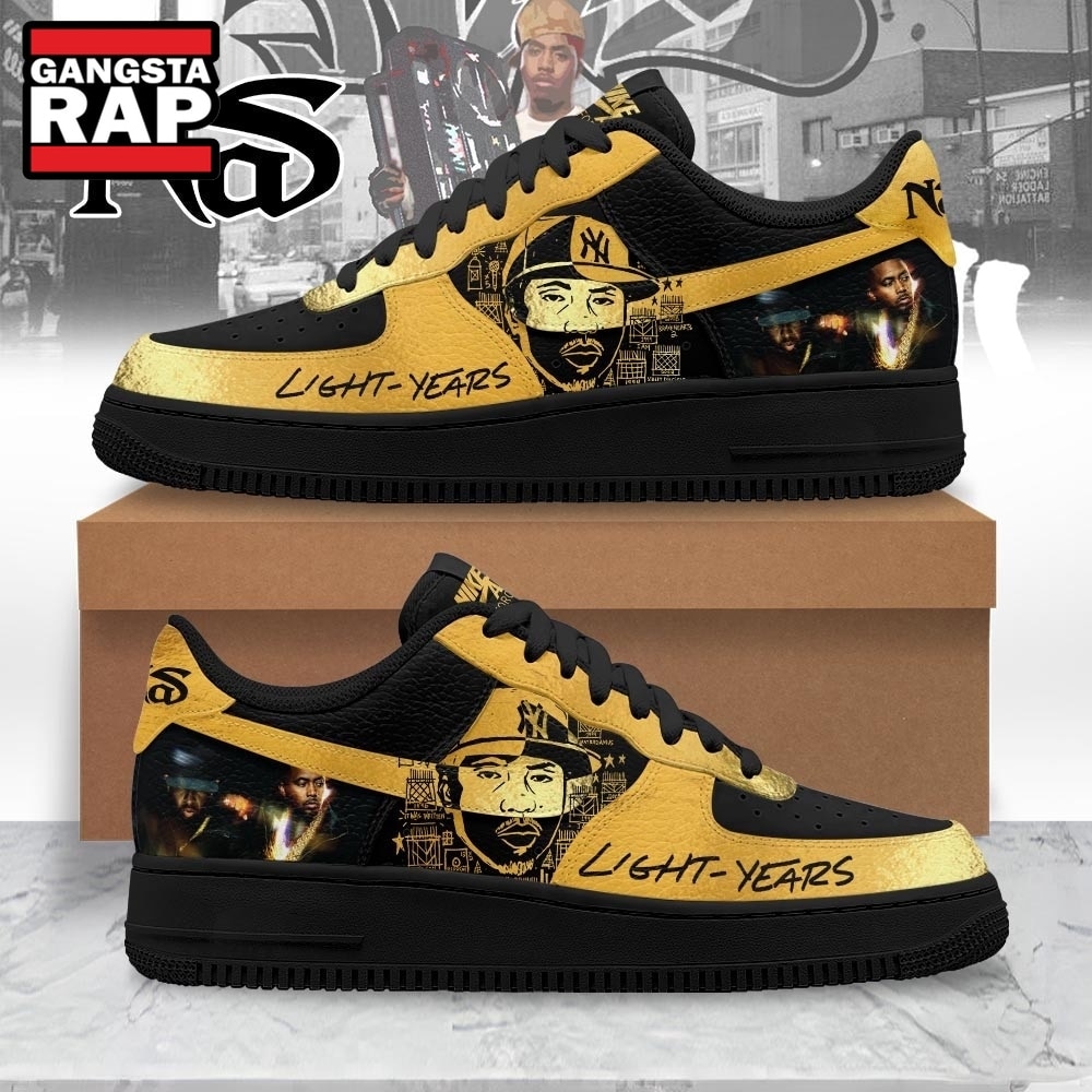 Nas Light Years Black & Gold Hip Hop Graphic Custom Air Force 1 Shoes, Music Air Force 1 Shoes Nas Light Years Black & Gold Hip Hop Graphic Custom Air Force 1 Shoes, Music Air Force 1 Shoes