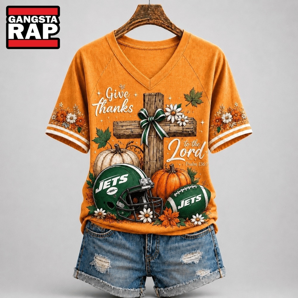 New York Jets Merch Guide for Fans 3 New York Jets NFL Thanksgiving Faith And Football V Neck T Shirt, NFL V Neck T-Shirt
