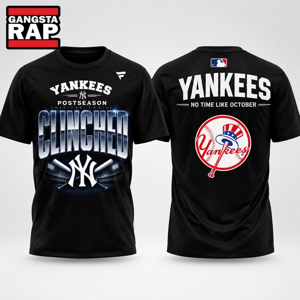New York Yankees Postseason Clinched No Time Like October Black T Shirt, Trending Design Shirt New York Yankees Postseason Clinched NO Time Like October Black T Shirt