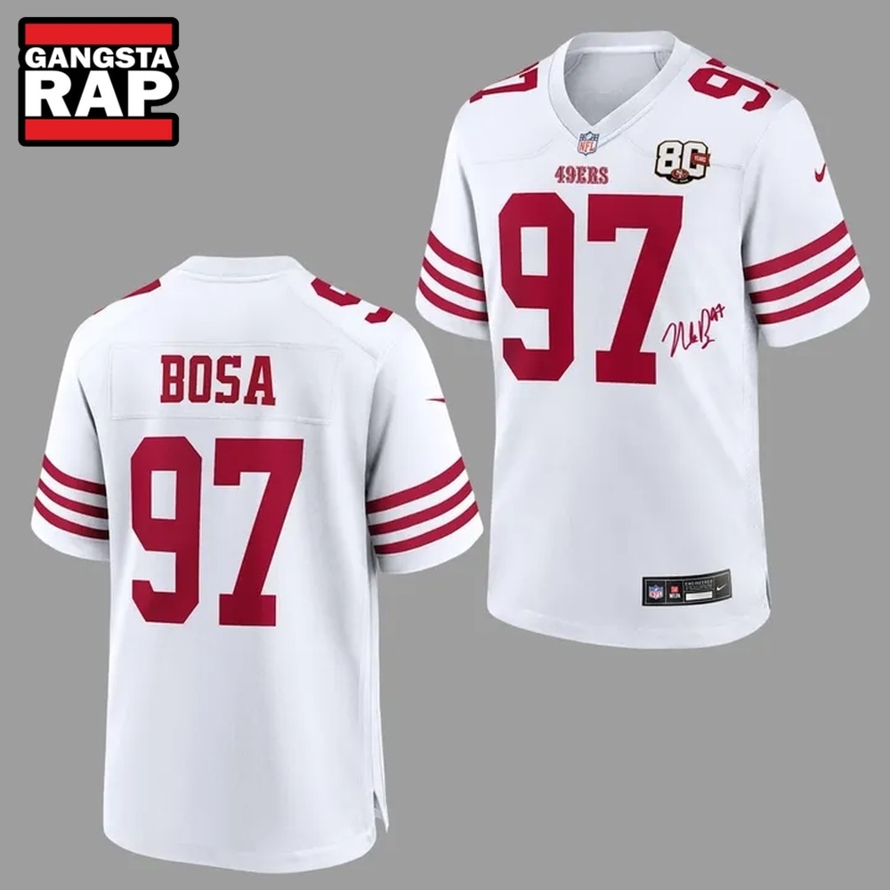 Nick Bosa San Francisco 49ers 80th Anniversary Signatures Print Football Jersey, Trending Football Jersey Nick Bosa San Francisco 49ers 80th Anniversary Signatures Print Football Jersey, Trending Football Jersey