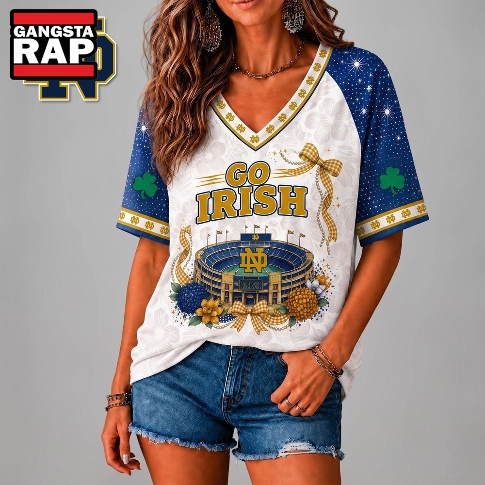 Notre Dame Fighting Irish NCAA Floral Stadium Bow V Neck 3D T Shirt, NCAA V Neck T-Shirt Notre Dame Fighting Irish NCAA Floral Stadium Bow V Neck 3D T Shirt, NCAA V Neck T-Shirt