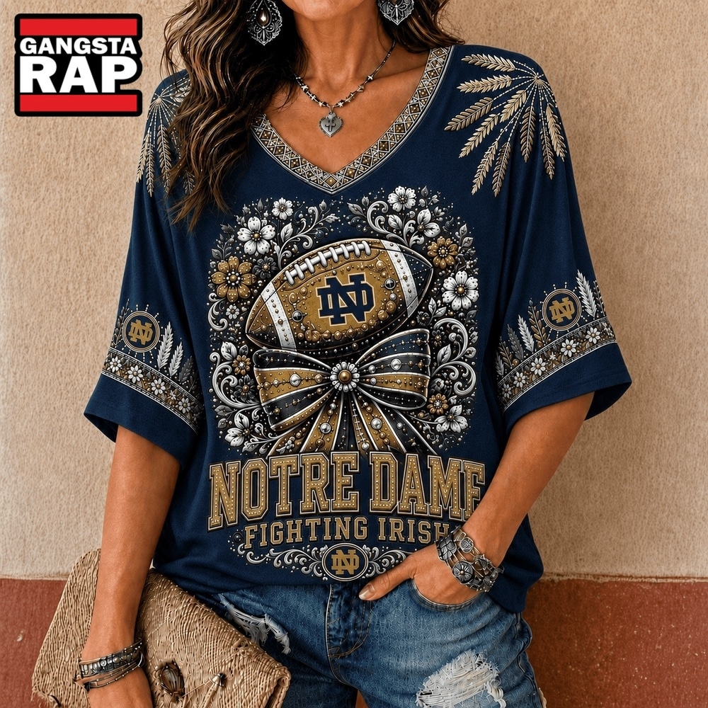 Notre Dame Fighting Irish NCAA Vintage Floral Bow V Neck T Shirt, NCAA V Neck T-Shirt Notre Dame Fighting Irish Ncaa Vintage Floral Bow V Neck T Shirt