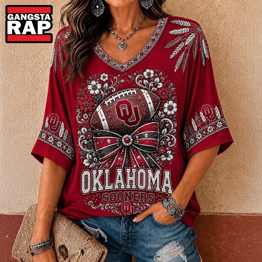 Oklahoma Sooners NCAA Vintage Floral Bow V Neck T Shirt, NCAA V Neck T-Shirt Oklahoma Sooners Ncaa Vintage Floral Bow V Neck T Shirt