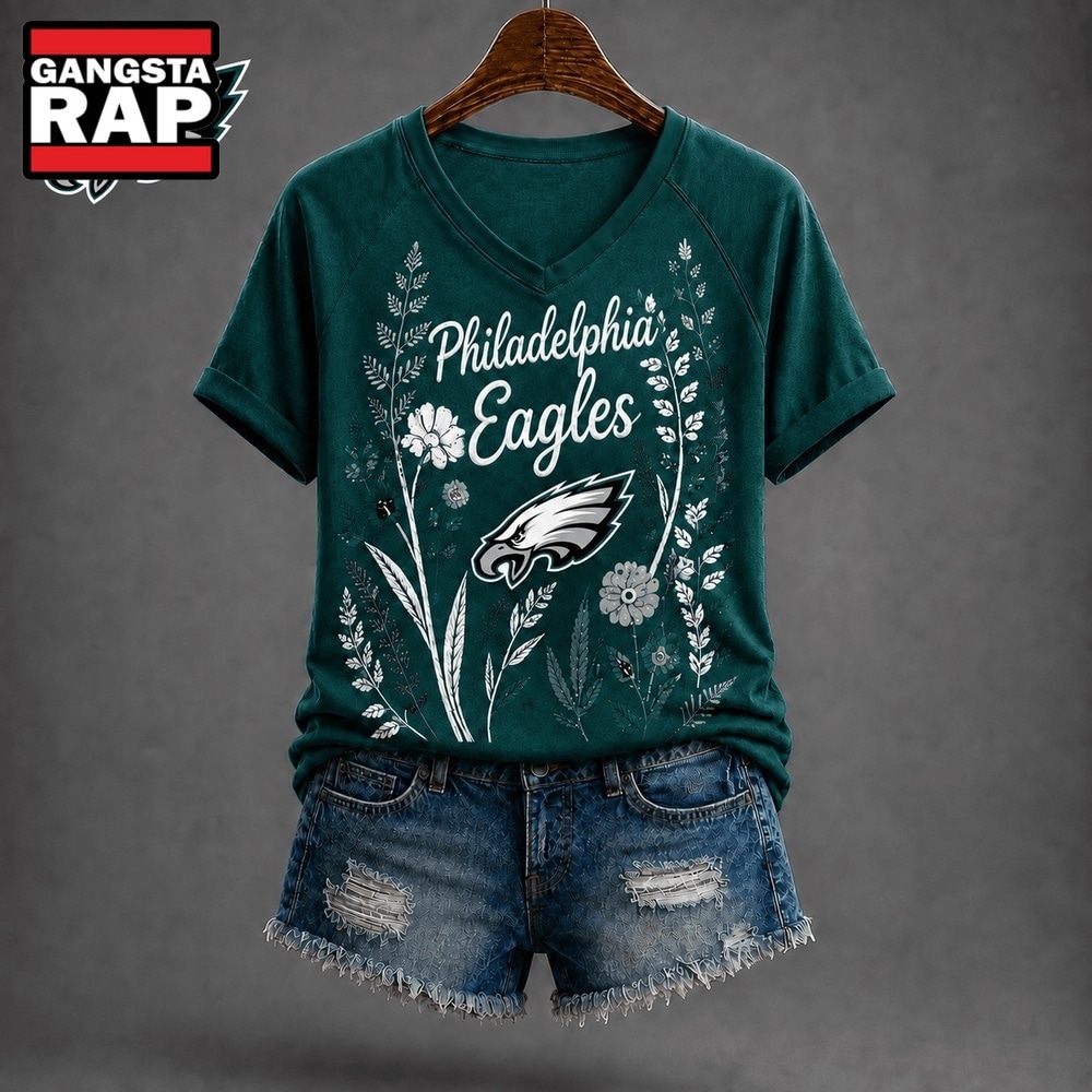 Philadelphia Eagles Merch Guide for Fans 7 Philadelphia Eagles NFL Floral Garden V Neck T Shirt, NFL V Neck T-Shirt