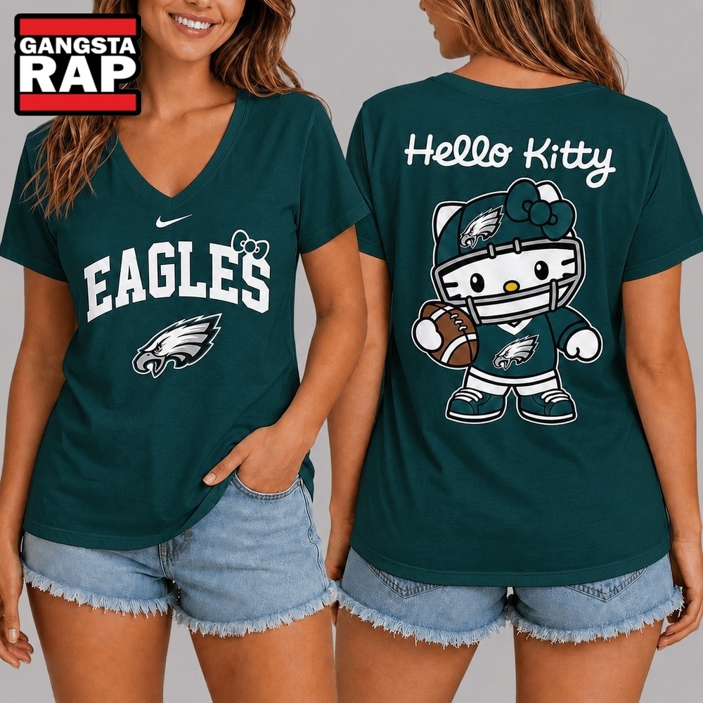 Philadelphia Eagles Merch Guide for Fans 3 Philadelphia Eagles NFL Hello Kitty Football V Neck T Shirt, NFL V Neck T-Shirt