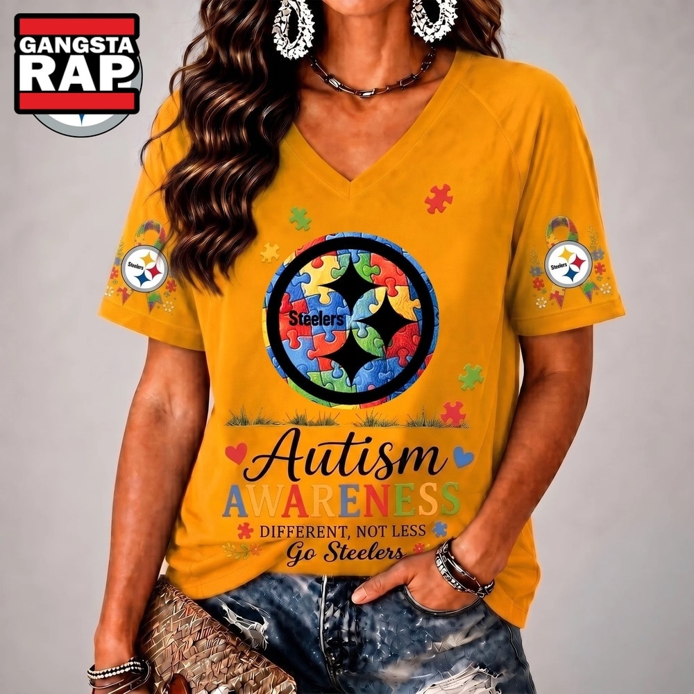 Pittsburgh Steelers NFL Different, Not Less Autism Awareness V neck T Shirt, NFL V Neck T-Shirt Pittsburgh Steelers Nfl Different Not Less Autism Awareness V Neck T Shirt