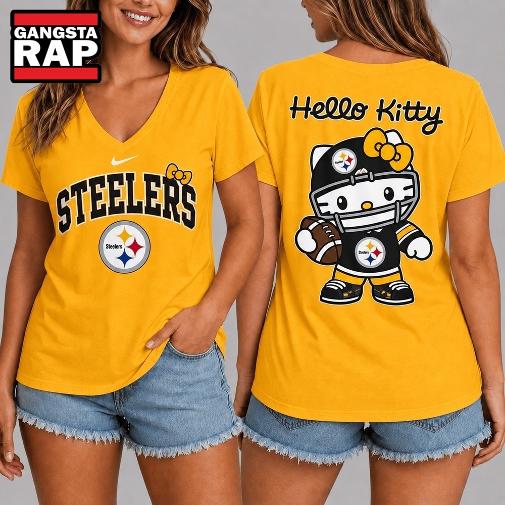 Top Pittsburgh Steelers Merch Picks for Fans 3 Pittsburgh Steelers NFL Hello Kitty Football V Neck T Shirt, NFL V Neck T-Shirt