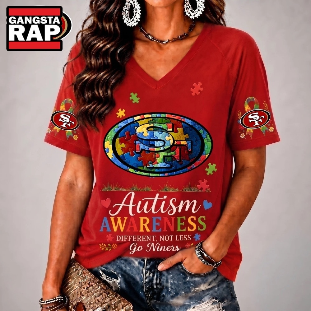 San Francisco 49ers NFL Different, Not Less Autism Awareness V neck T Shirt, NFL V Neck T-Shirt San Francisco 49ers Nfl Different Not Less Autism Awareness V Neck T Shirt