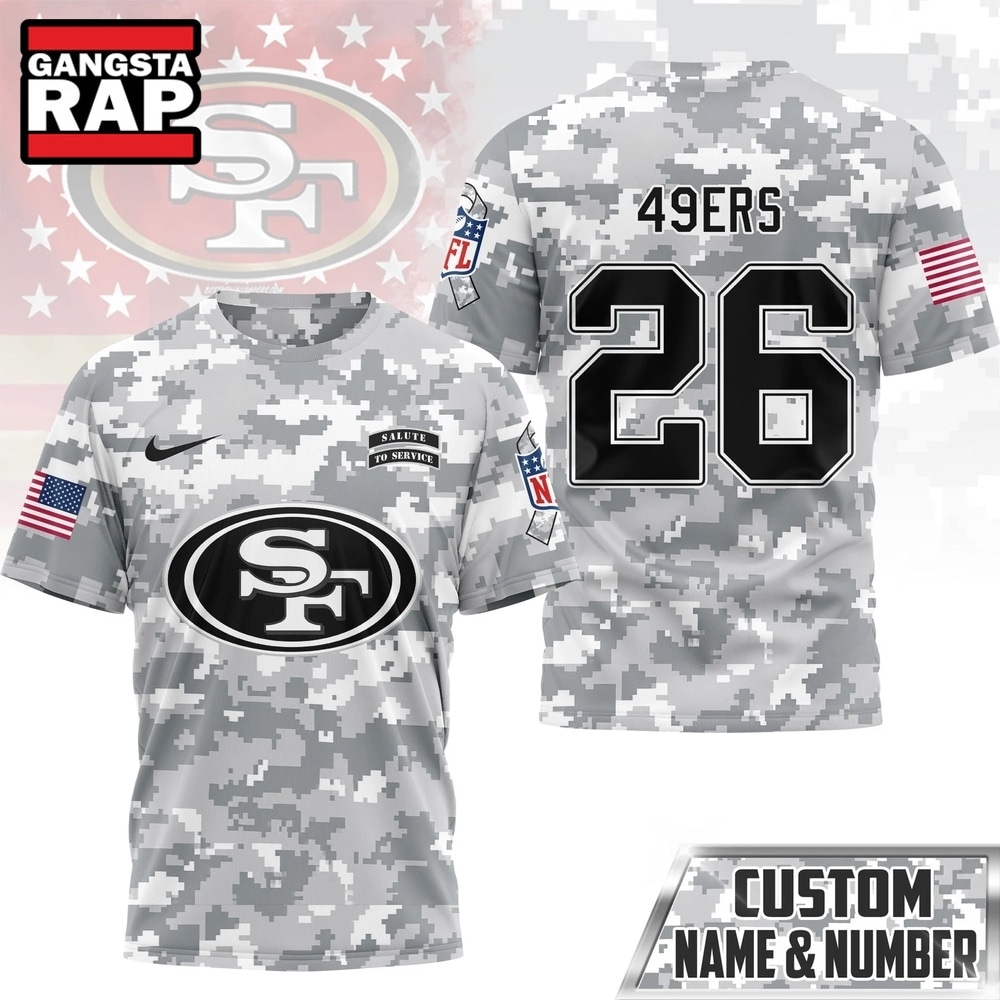 San Francisco 49ers NFL Salute to Service Custom Name & Number Camo 3D Shirt, Football New Design Shirt San Francisco 49ers NFL Salute to Service Custom Name & Number Camo 3D Shirt, Football New Design Shirt