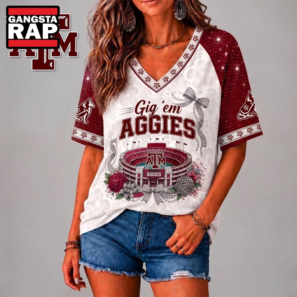 Texas A&M Aggies NCAA Floral Stadium Bow V Neck 3D T Shirt, NCAA V Neck T-Shirt Texas A&M Aggies NCAA Floral Stadium Bow V Neck 3D T Shirt, NCAA V Neck T-Shirt