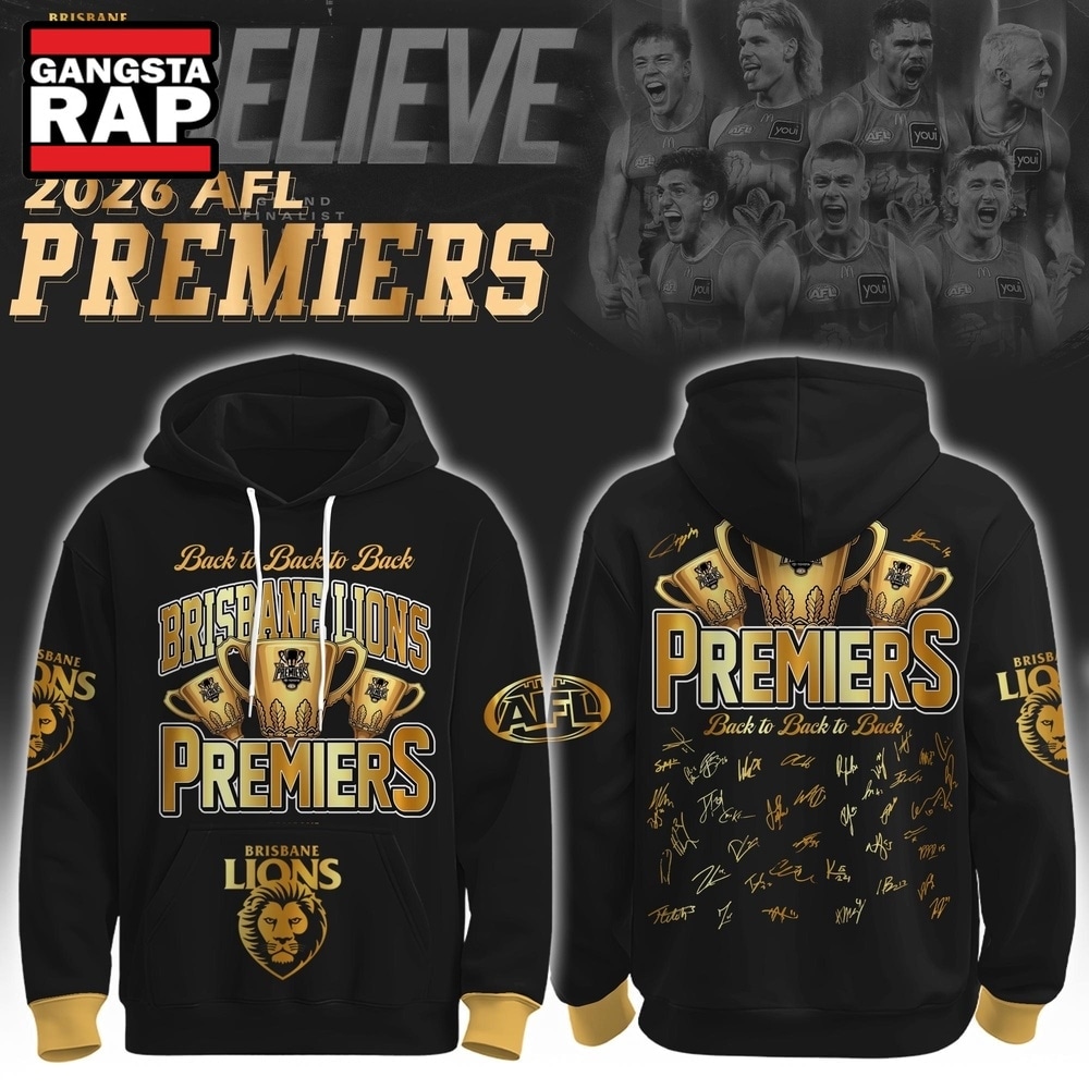 Brisbane Lions 2026 AFL Premiers Three Peat Signature Black Hoodie, Trending Design Shirt Brisbane Lions 2026 Afl Premiers Three Peat Signature Black Hoodie