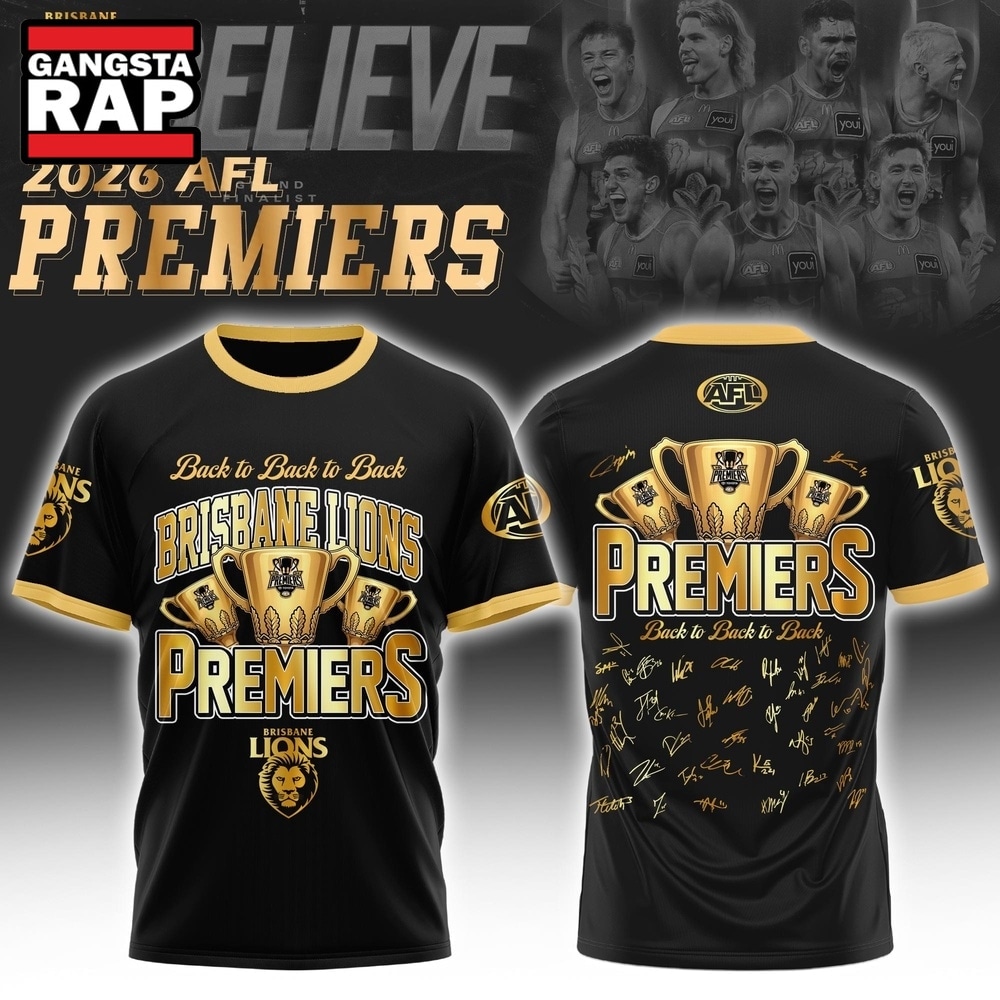 Brisbane Lions 2026 AFL Premiers Three Peat Signature Black T Shirt, Trending Design Shirt Brisbane Lions 2026 Afl Premiers Three Peat Signature Black T Shirt